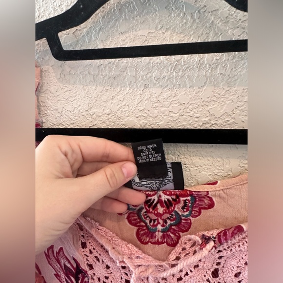 Angie Long Blouse Pink Lace Front Tie Crocheted Tassels Boho Western Small - Picture 5 of 7